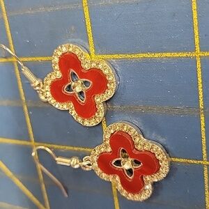 Silver Tone & Red Enamel Floral Earrings New